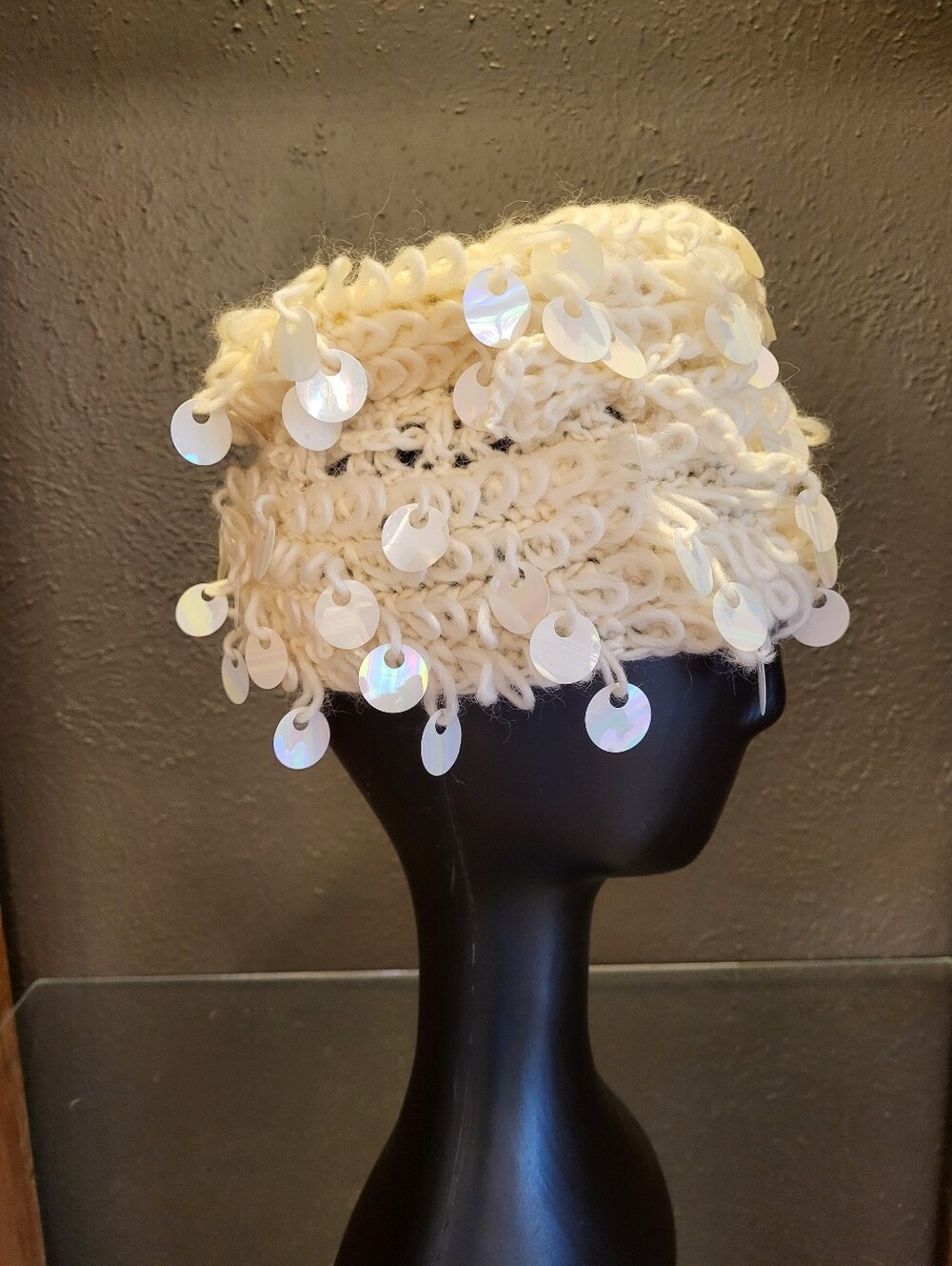 Jo Giovanni 1950s Ivory Wool Beehive Pillbox Iridescent Paillette Dangles Italy